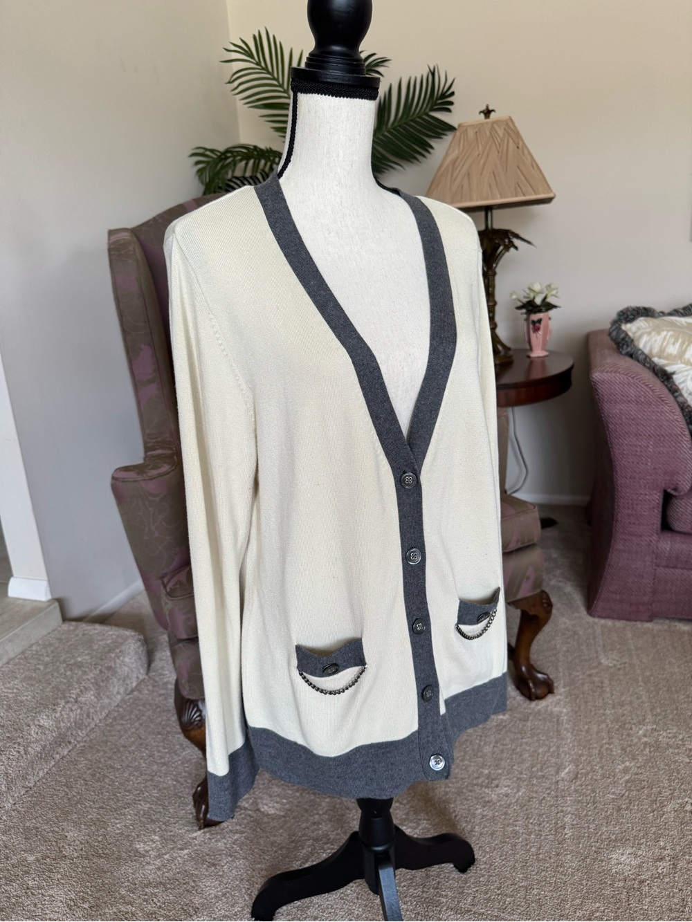 J. McLaughlin Cream Cardigan with Charcoal Trim and Pocket Chain Detail